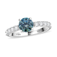 Blue Moissanite (Rnd 6.5mm), Moissanite Ring in Rhodium Over Sterling Silver (Size 10.0) 1.50 ctw