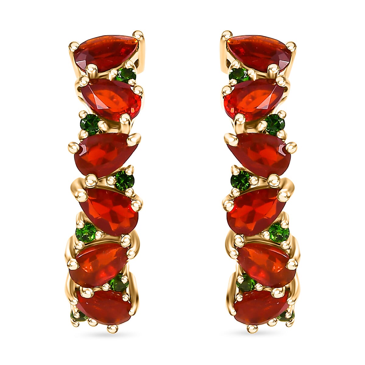 D'Joy Mexican Cherry Fire Opal and Chrome Diopside 1.85 ctw Art Deco Earrings in 18K Vermeil Yellow Gold Over Sterling Silver