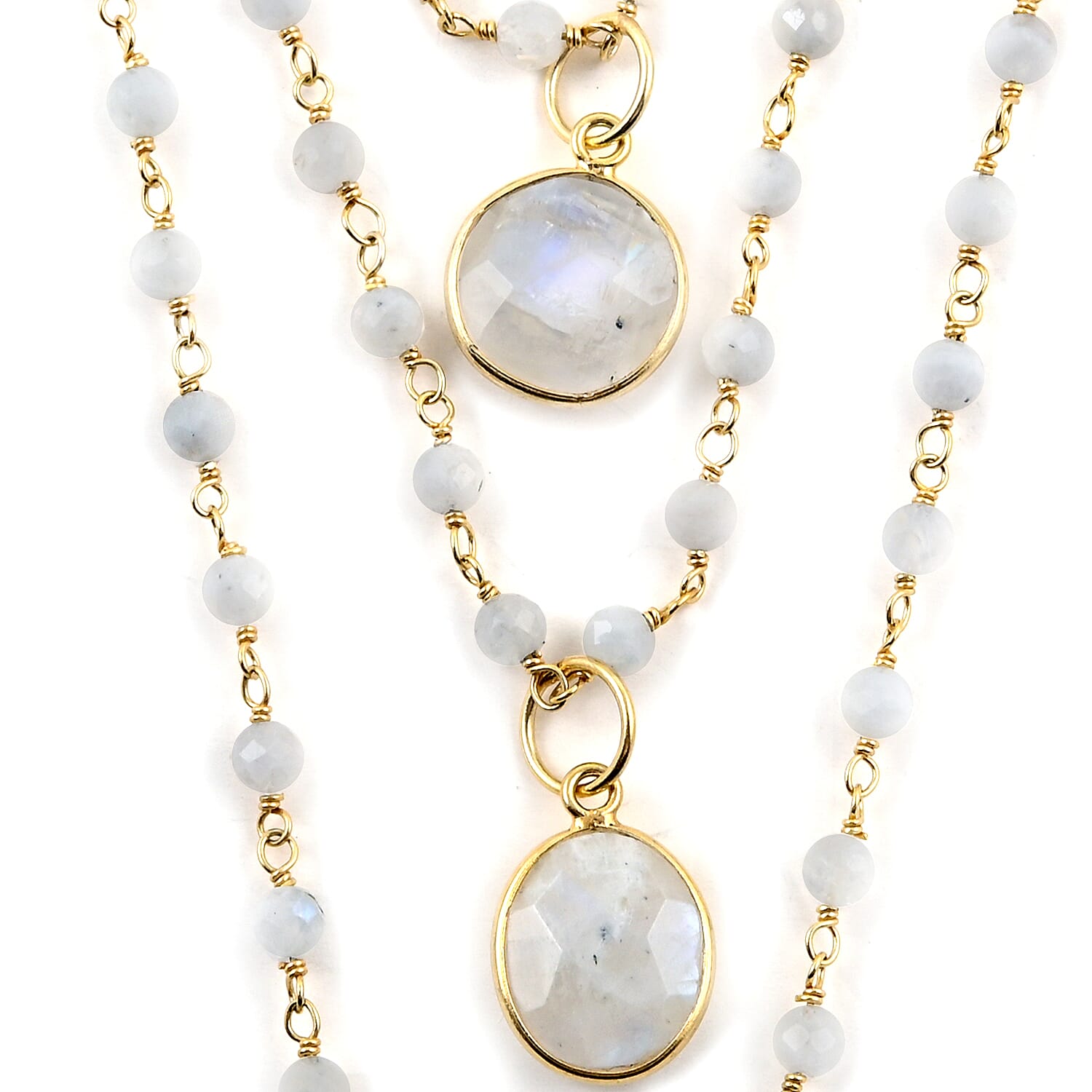 Moonstone Triple Layer Necklace 18 Inches in 14K Yellow Gold Over Sterling Silver 17.30 Grams 49.20 ctw