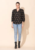 TAMSY Black Floral Printed Placket V-Neck Gathered Top - L - Sticky add to cart bar