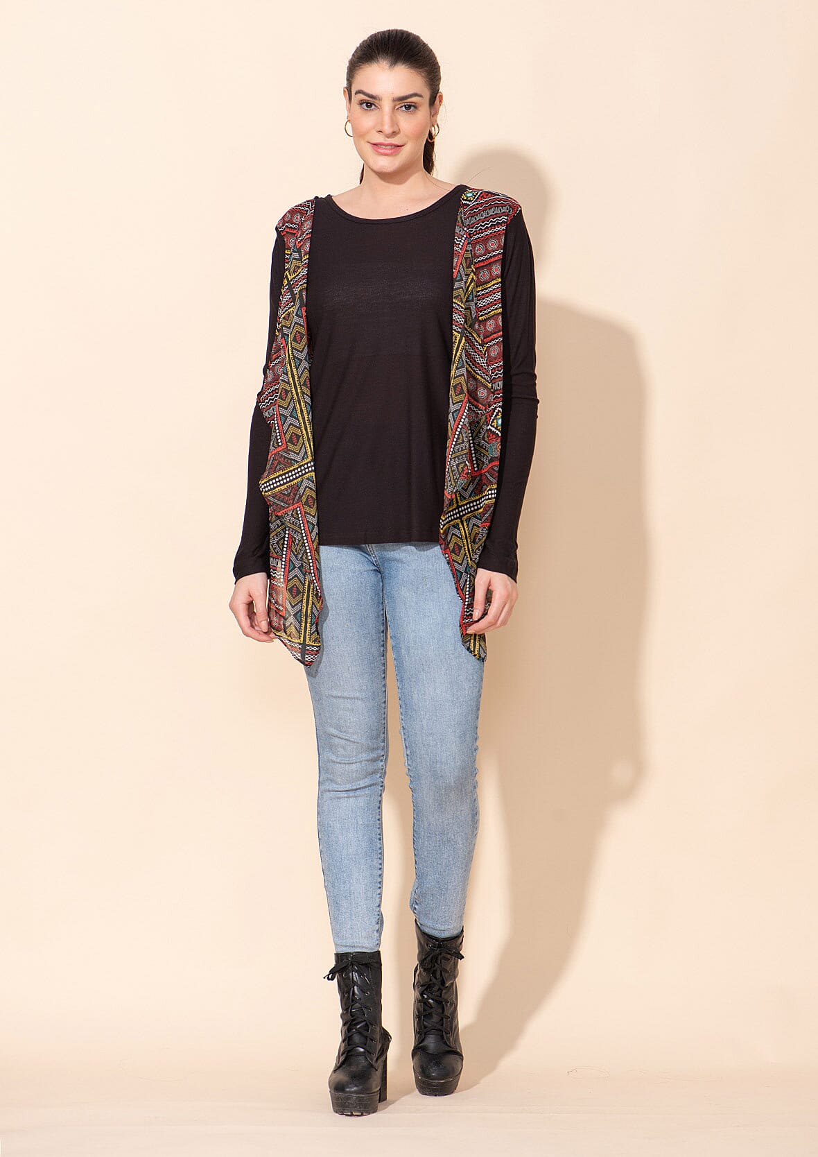 TAMSY Black Knitted and Woven Front Trim Ladies Top - L