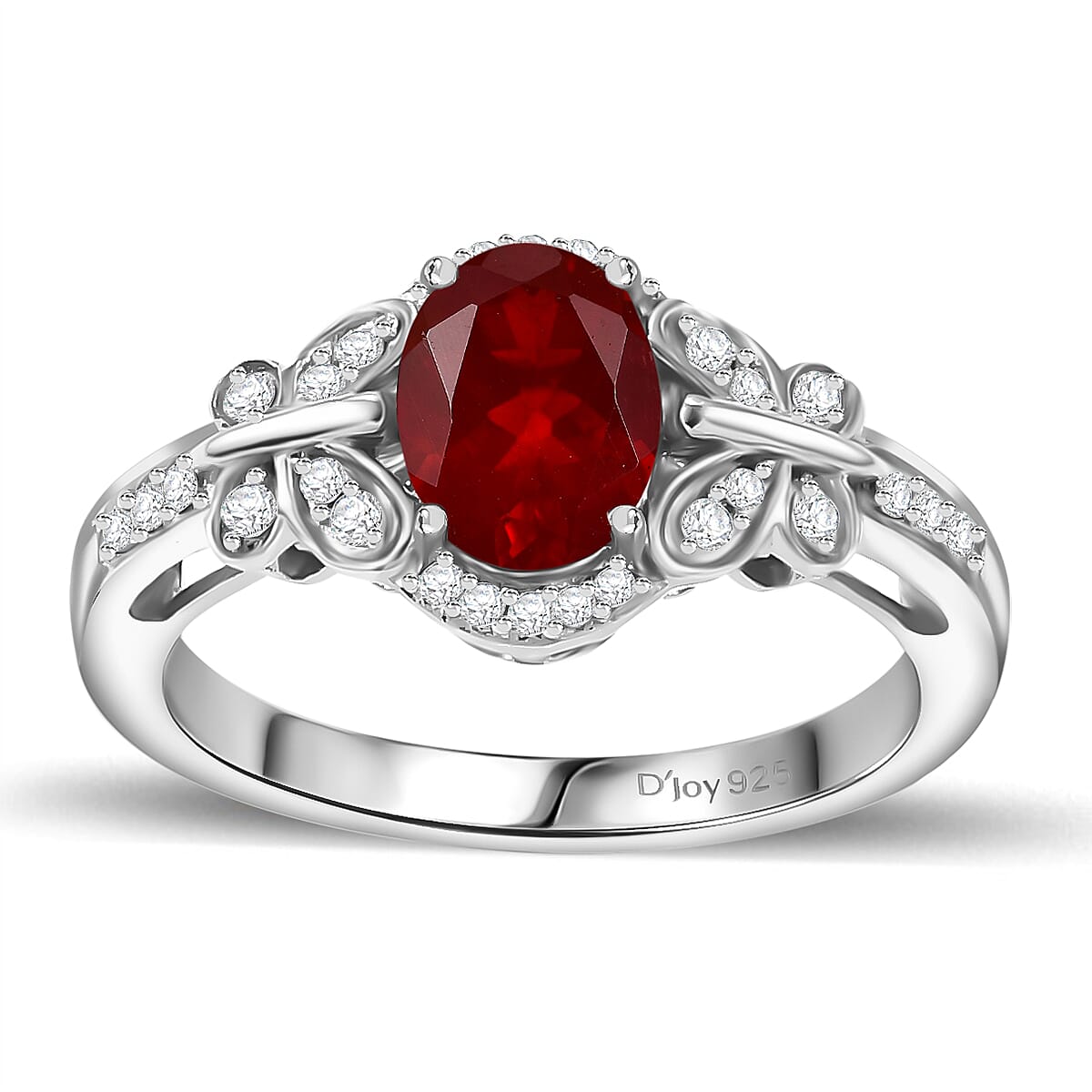 Mexican Cherry Fire Opal, Moissanite Butterfly Ring in Rhodium Over Sterling Silver (Size 10.0) 1.00 ctw