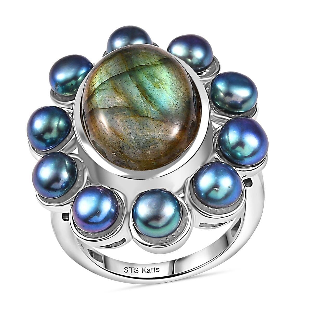 Karis Malagasy Labradorite, Peacock Pearl Ring in Platinum Bond (Size 10.0) 10.90 ctw
