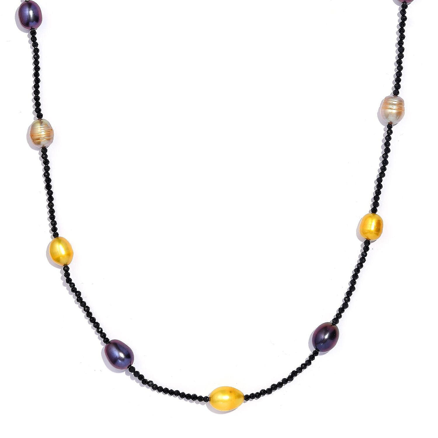 Multi Color Freshwater Pearl and Thai Black Spinel 55.00 ctw Station Necklace in Stainless Steel 20 Inches