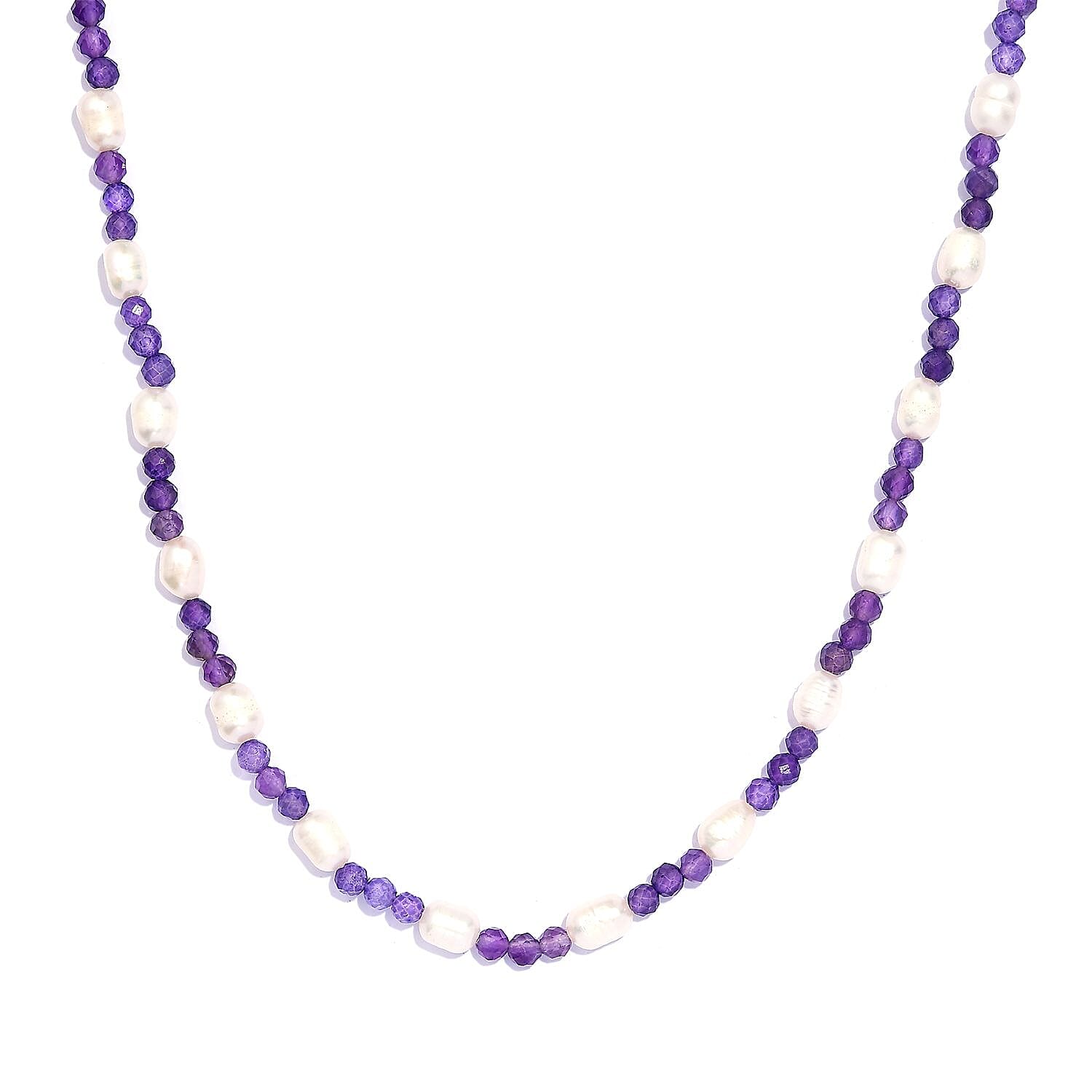 Freshwater White Pearl and African Amethyst 20.00 ctw Beaded Necklace 20 Inches in Stainless Steel