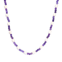 Freshwater White Pearl and African Amethyst 20.00 ctw Beaded Necklace 20 Inches in Stainless Steel