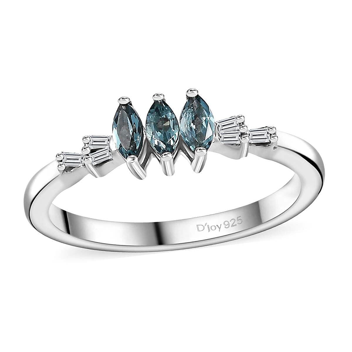 Pirineu Lagoon Tourmaline, Diamond 3 Stone Ring in Rhodium Over Sterling Silver (Size 10.0) 0.30 ctw