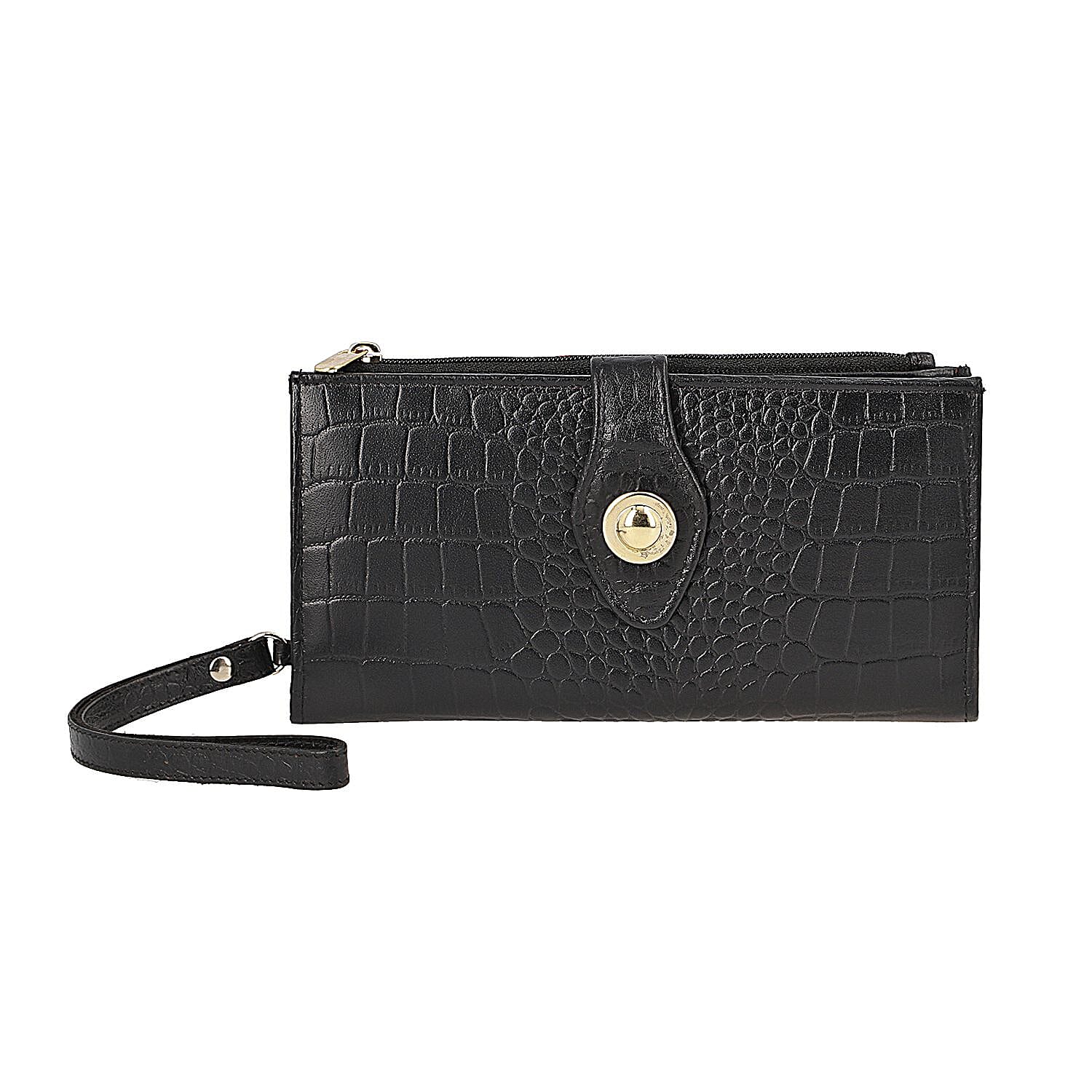 UNION CODE Black Croco Embossed Genuine Leather RFID Wallet with Button Closure