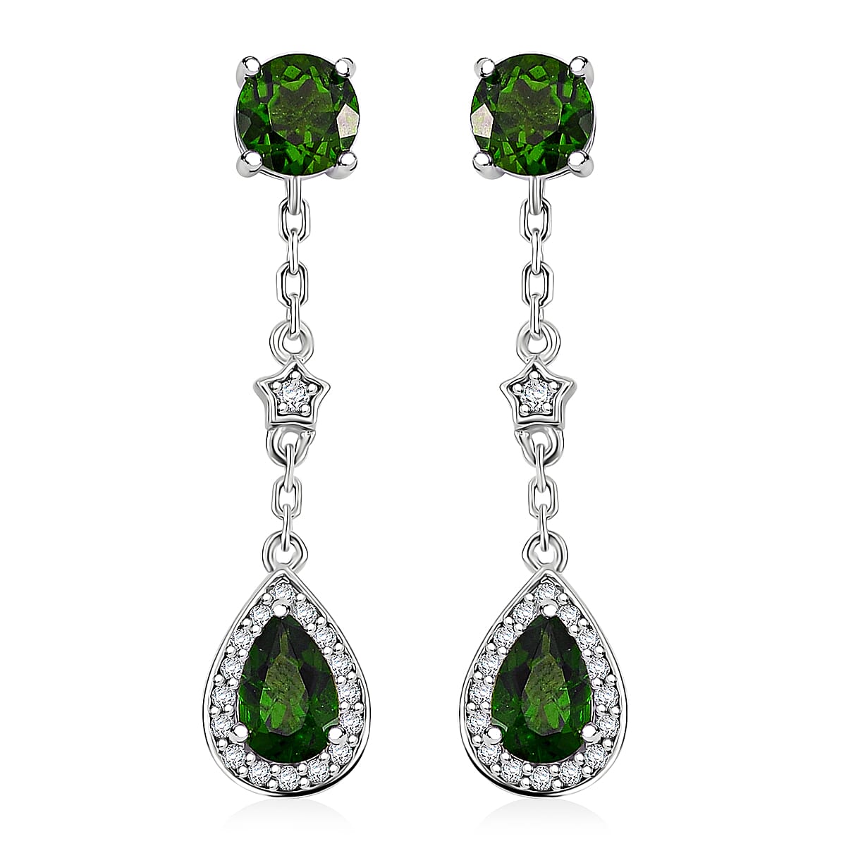 Chrome Diopside and White Zircon 2.15 ctw Dangling Earrings in Rhodium Over Sterling Silver