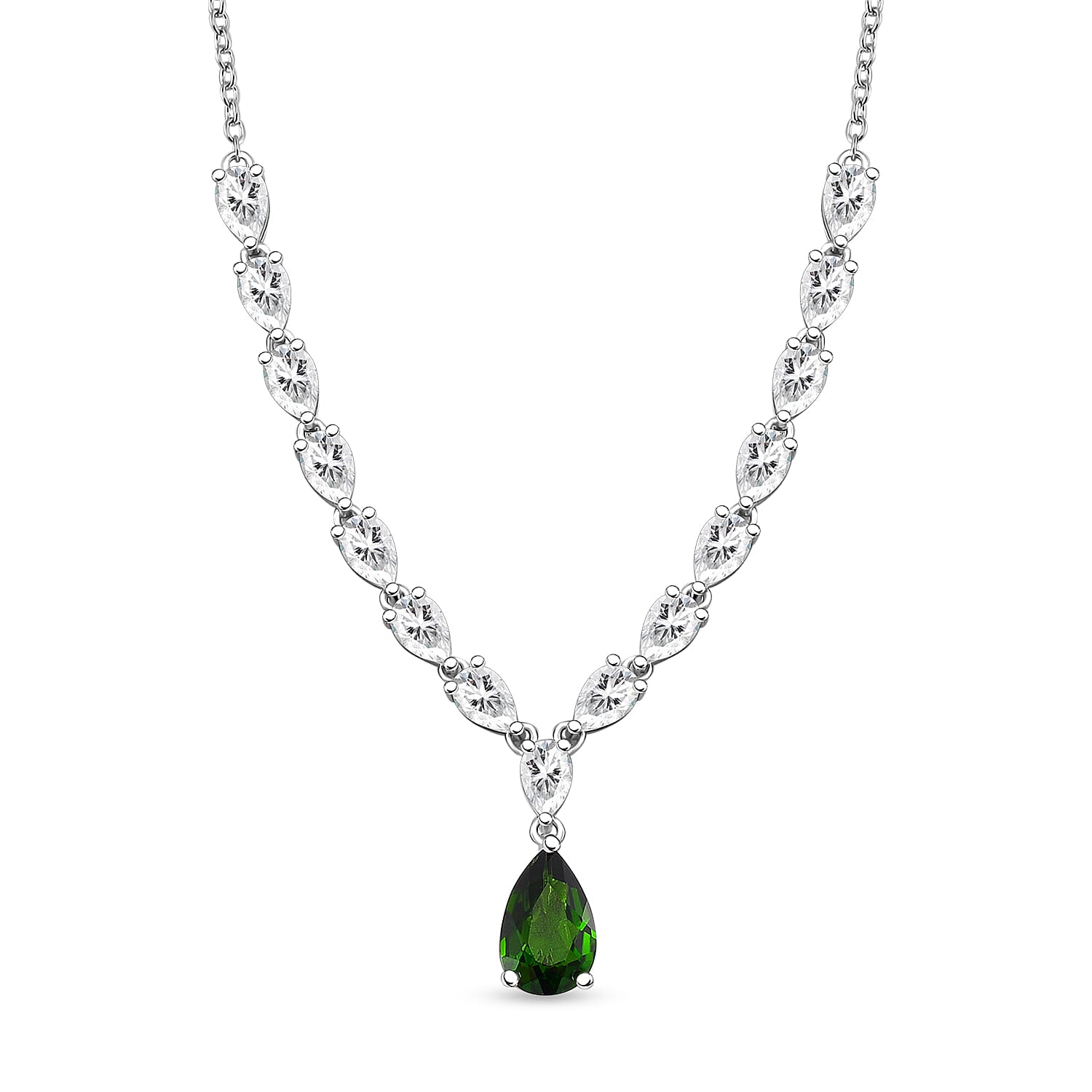 Chrome Diopside and White Topaz 5.00 ctw Drop Necklace 20 Inches in Rhodium Over Sterling Silver