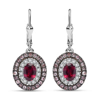 Orissa Rhodolite Garnet and Multi Gemstone 3.30 ctw Floral Double Halo Earrings in Rhodium Over Sterling Silver