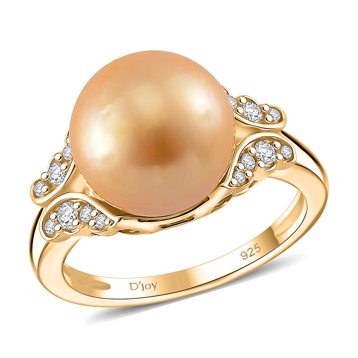 Golden South Sea Pearl 11-12mm, White Zircon Ring in 18K Vermeil YG Over Sterling Silver (Size 10.0) 0.50 ctw