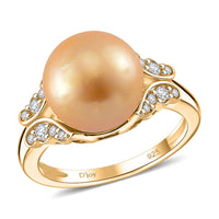 Golden South Sea Pearl 11-12mm, White Zircon Ring in 18K Vermeil YG Over Sterling Silver (Size 10.0) 0.50 ctw