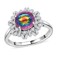 Premium Nebula Quartz Doublet, Moissanite Ring in Rhodium Over Sterling Silver (Size 7.0) 3.75 ctw