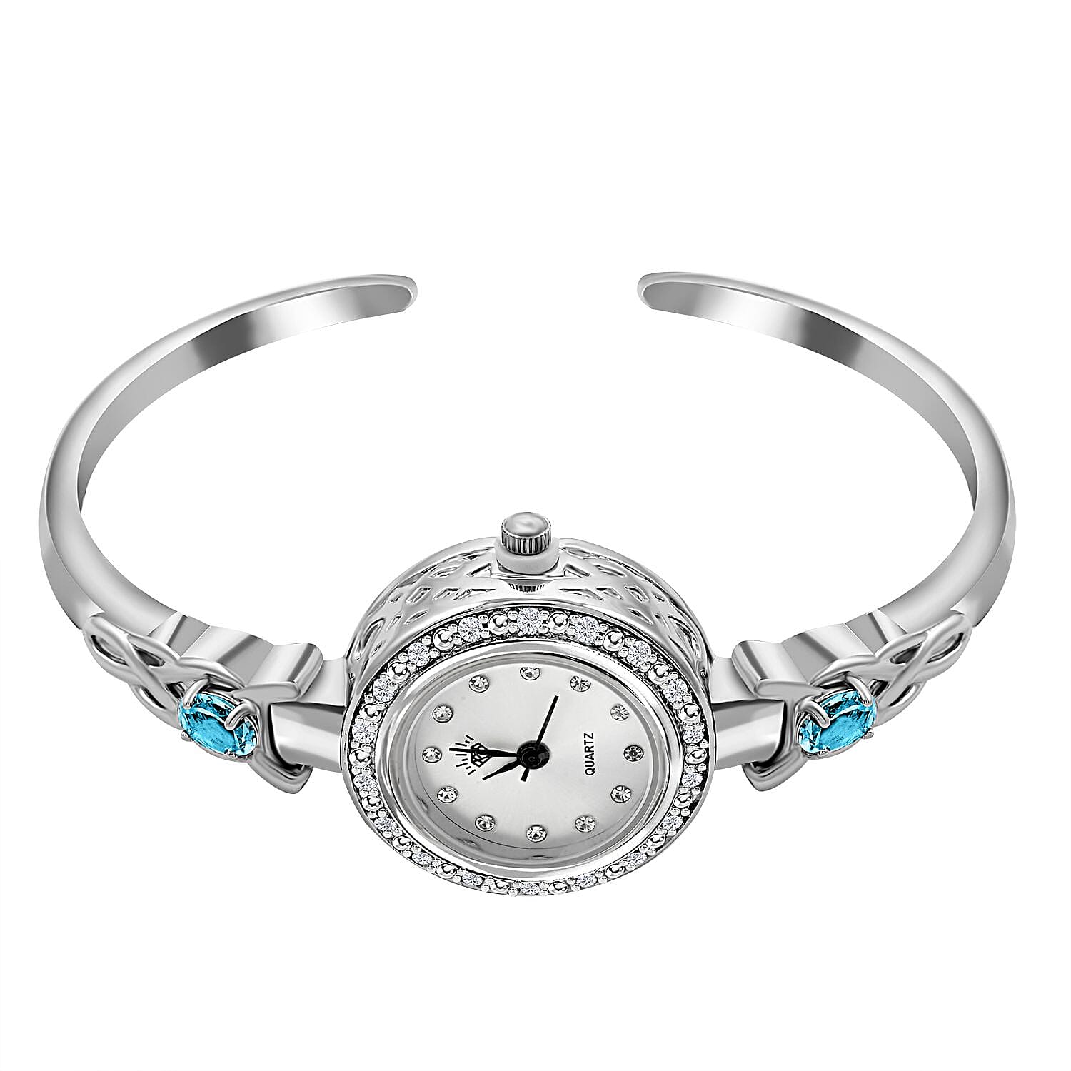 Quartz Movement Blue Topaz and Simulated Diamond 1.45 ctw Infinity Knot Cuff Bracelet Watch (6.00-7.00 In) in Silvertone