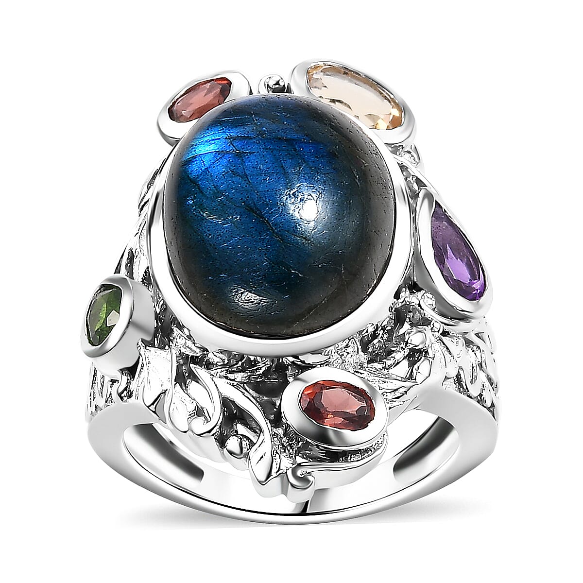 Karis Malagasy Labradorite and Multi Gemstone 12.40 ctw Celestial Garden Ring in Platinum Bond