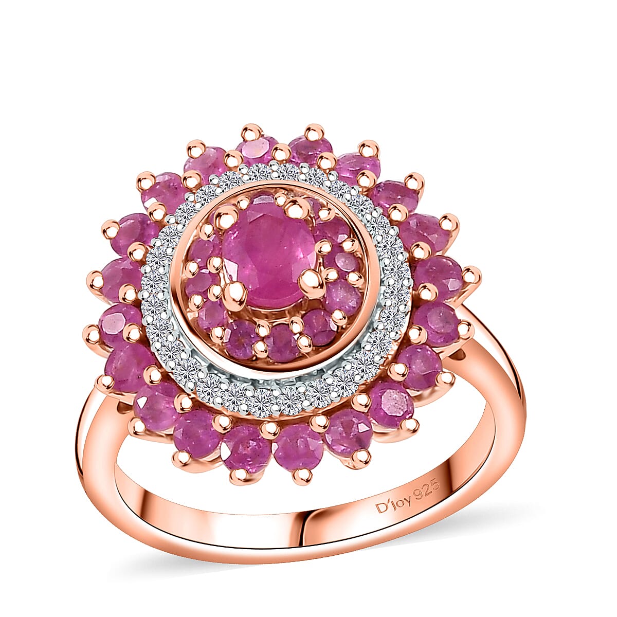 Premium Mozambique Pink Sapphire, Moissanite Floral Ring in 18K Vermeil RG Over Sterling Silver (Size 10.0) 2.20 ctw