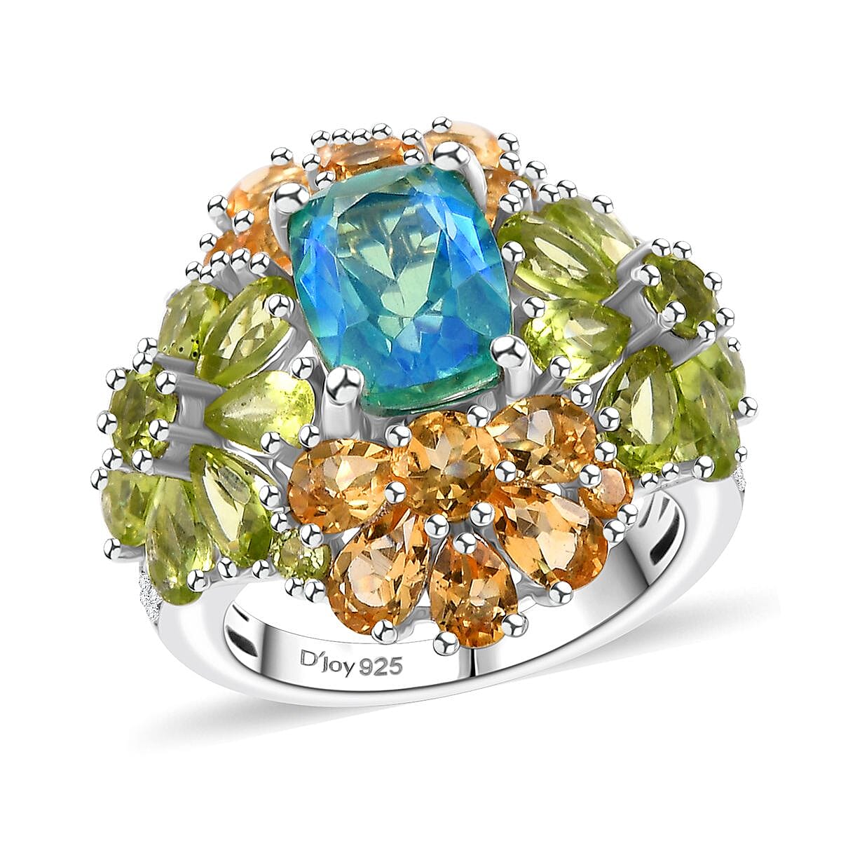 Premium Peacock Quartz, Multi Gemstone Floral Ring in Rhodium Over Sterling Silver (Size 10.0) 8.35 ctw