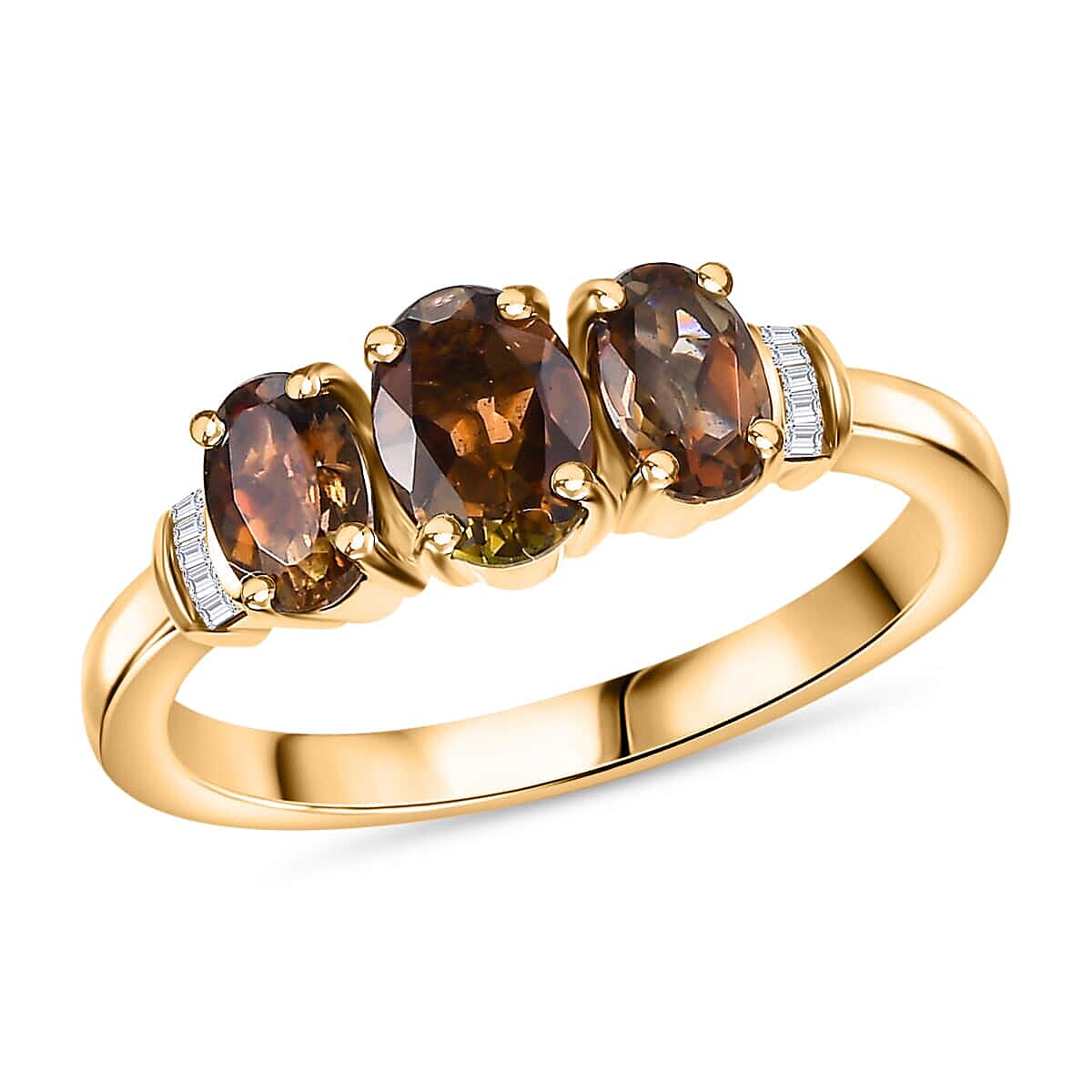 Luxoro Premium Jenipapo Andalusite and G-H I2 Diamond 1.75 ctw 3 Stone Ring in 10K Yellow Gold