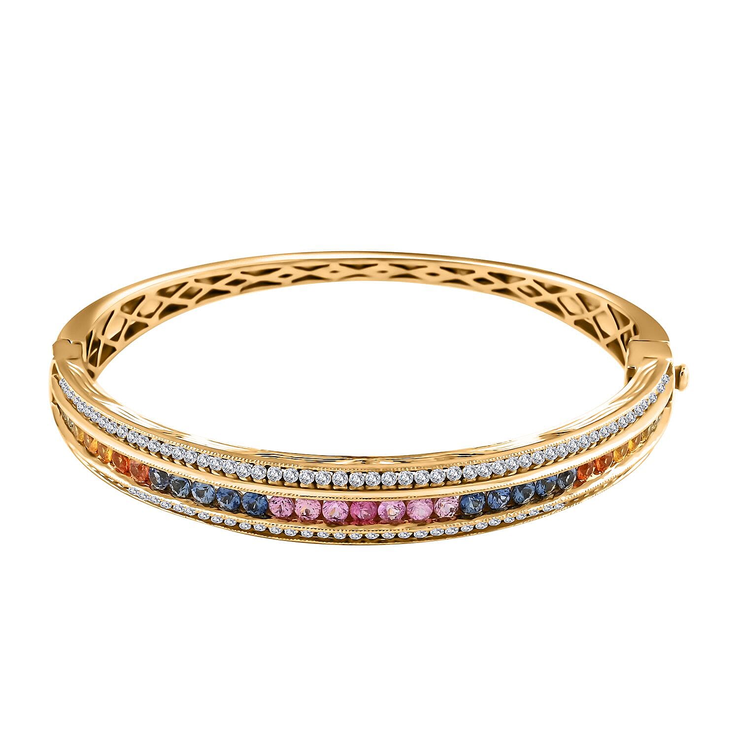 Clarte Prisma Collection Multi Sapphire, Moissanite Bangle Bracelet in Vermeil YG Over Sterling Silver (6.50 In) 5.15 ctw
