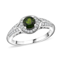 Chrome Diopside and White Zircon 1.30 ctw Halo Ring in Rhodium Over Sterling Silver (Size 10.0)