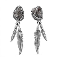 D'Joy Artisan Crafted Rough Cut Marvelous Meteorite Feather Earrings in Black Oxidized Sterling Silver