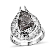 Artisan Crafted Rough Cut Marvelous Meteorite Comet Ring in Black Oxidized Sterling Silver (Size 10.0)