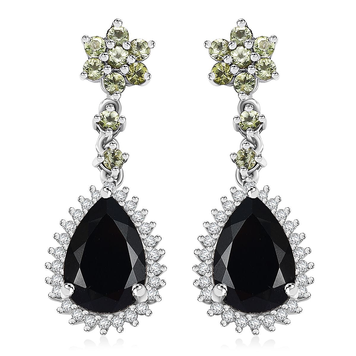 D'Joy California Black Jade and Multi Gemstone 7.70 ctw Flower Drop Earrings in Rhodium Over Sterling Silver