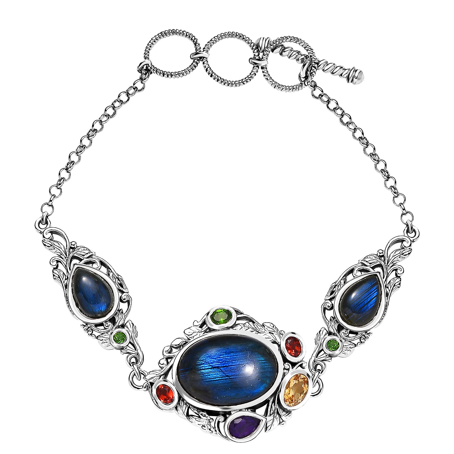 Karis Malagasy Labradorite and Multi Gemstone 19.35 ctw Celestial Garden Bracelet in Platinum Bon (7.25 In)