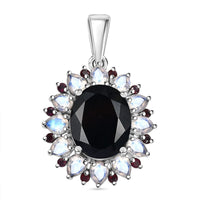 California Black Jade and Multi Gemstone 6.90 ctw Dahlia Bloom Pendant without Chain in Rhodium Over Sterling Silver
