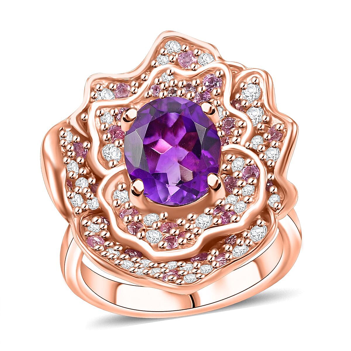 Moroccan Amethyst and Multi Gemstone 4.20 ctw Floral Ring in 18K Vermeil Rose Gold Over Sterling Silver (Del. in 8-10 Days)