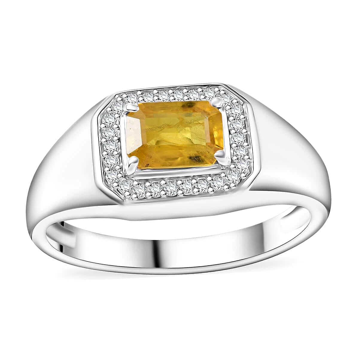 Madagascar Yellow Sapphire, Moissanite Men's Ring in Rhodium Over Sterling Silver (Size 7.0) 1.35 ctw
