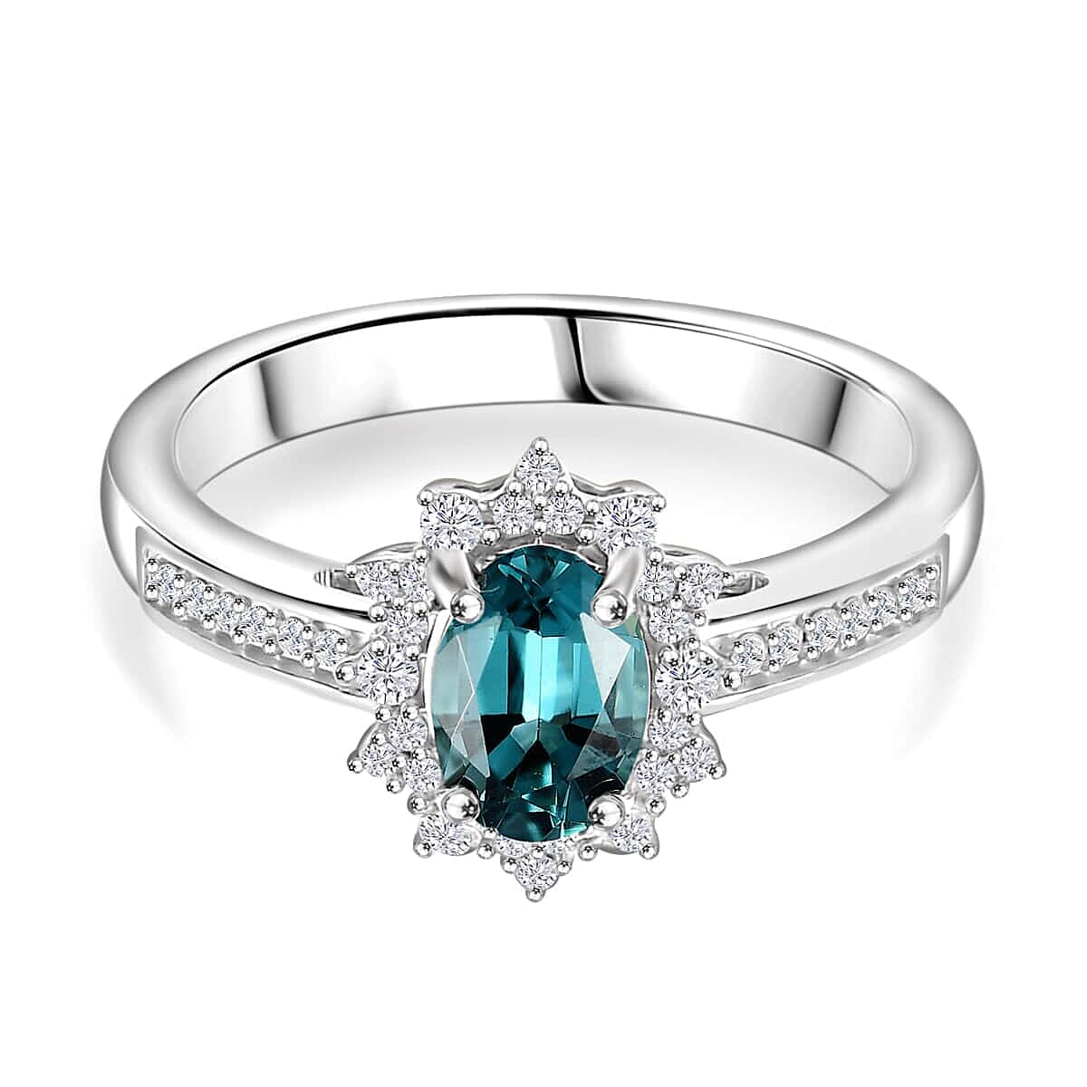 Luxoro 14K White Gold AAA Pirineu Lagoon Tourmaline, Diamond (G-H, I2) (0.30 cts) Midnight Bloom Ring (Size 10.0) (Del. in 10-12 Days) 1.25 ctw