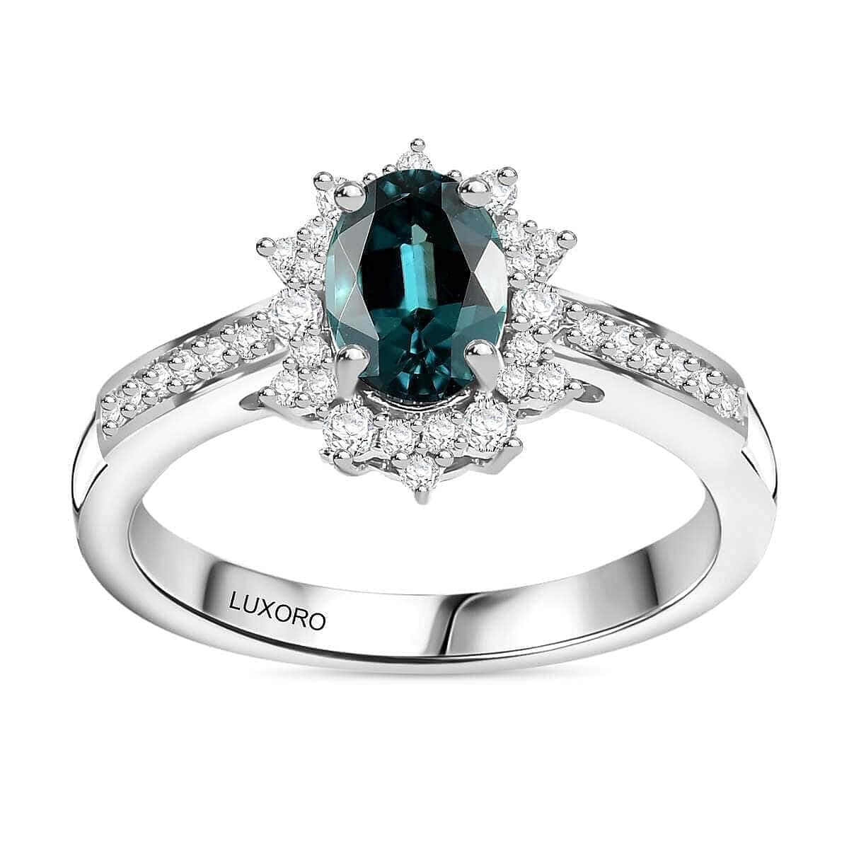 Luxoro 14K White Gold AAA Pirineu Lagoon Tourmaline, Diamond (G-H, I2) (0.30 cts) Midnight Bloom Ring (Size 7.0) 1.25 ctw
