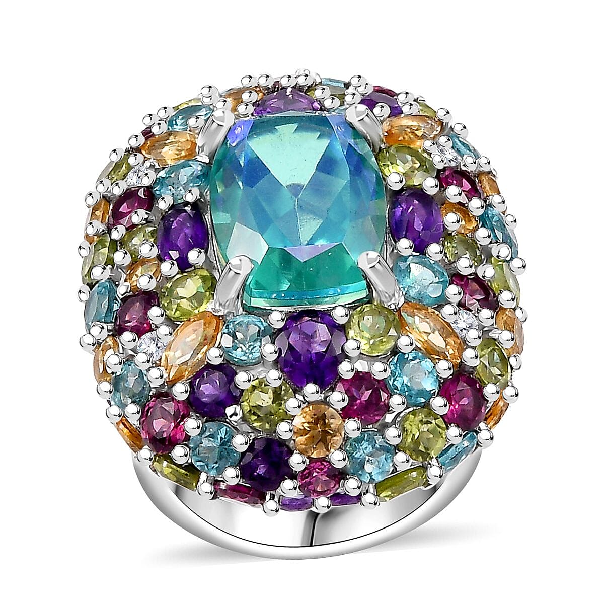 GP Italian Garden Collection Peacock Quartz, Multi Gemstone Ring in Rhodium Over Sterling Silver (Size 10.0) 21.70 ctw