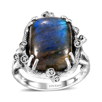 Karis Malagasy Labradorite, White Zircon Tree Branch Ring in Platinum Bond (Size 8.0) (Del. in 10-12 Days) 11.70 ctw