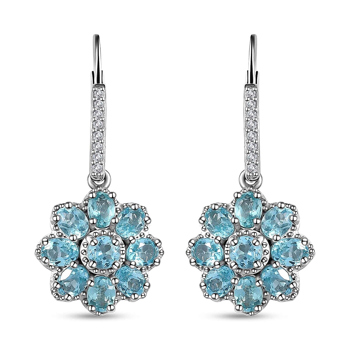 Betroka Blue Apatite and White Zircon 3.65 ctw Floral Earrings in Platinum Over Sterling Silver
