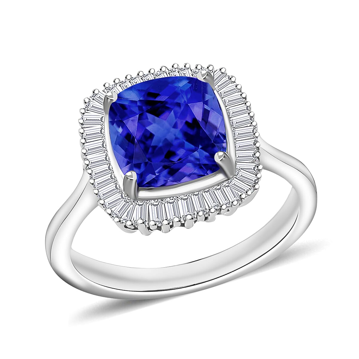Rhapsody AAAA Tanzanite and E-F VS Diamond 2.85 ctw Cushion Shape Ballerina Ring in 950 Platinum 7.15 Grams