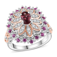 Tanzanian Blush Garnet, Multi Gemstone Royal Bloom Ring in 18K Vermeil RG and Rhodium Over Sterling Silver (Size 10.0) 1.30 ctw