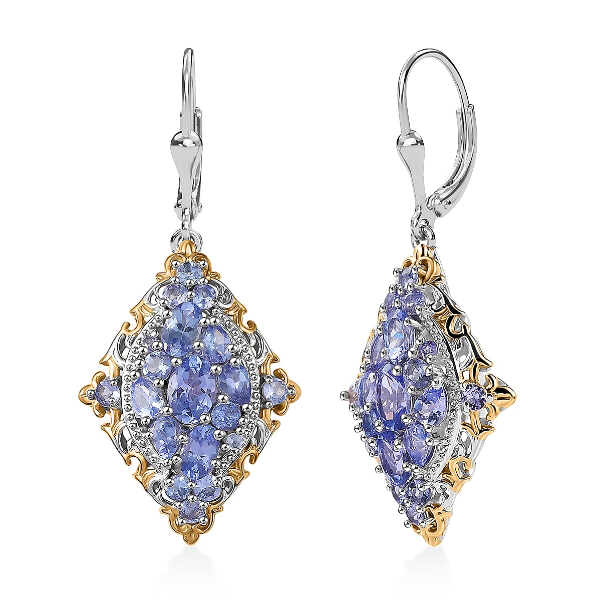 D'Joy Tanzanite 3.85 ctw Lever Back Earrings in 18K Vermeil YG and Rhodium Over Sterling Silver
