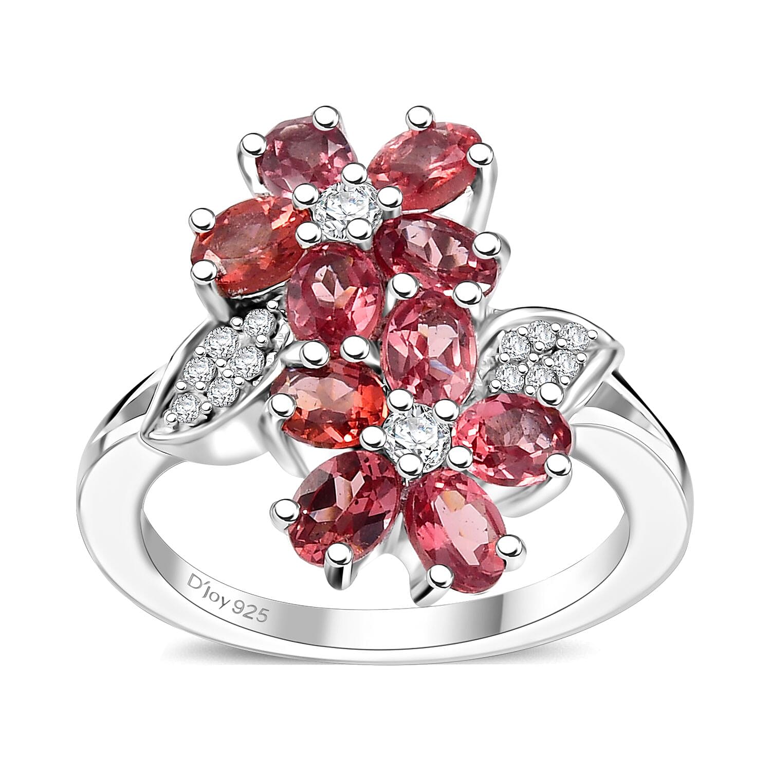 Premium Tanzanian Blush Garnet and White Zircon 2.35 ctw Bypass Floral Ring in Rhodium Over Sterling Silver