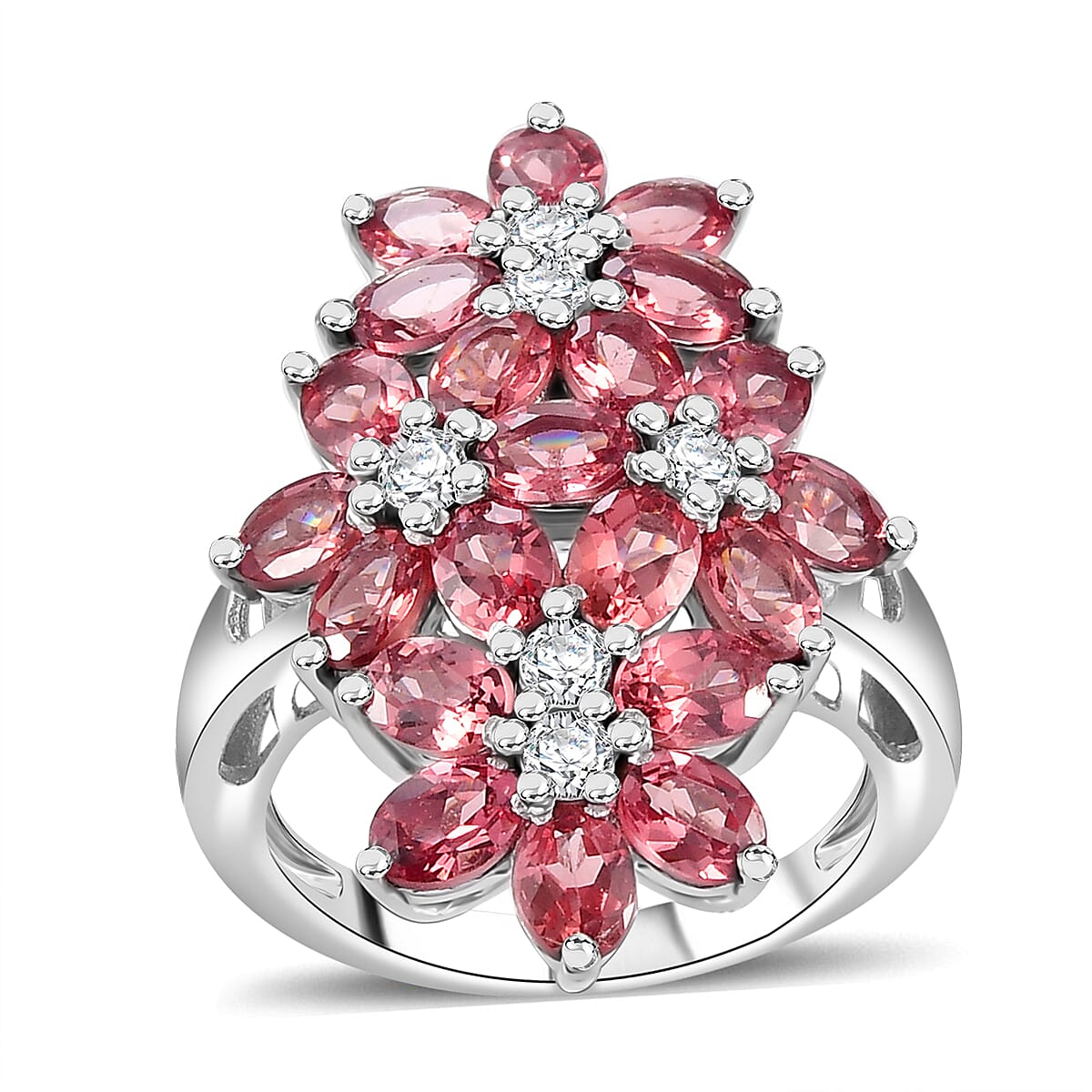 Tanzanian Blush Garnet and Moissanite 5.00 ctw Bunch of Flower Ring in Rhodium Over Sterling Silver