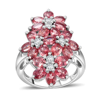 Tanzanian Blush Garnet and Moissanite 5.00 ctw Bunch of Flower Ring in Rhodium Over Sterling Silver