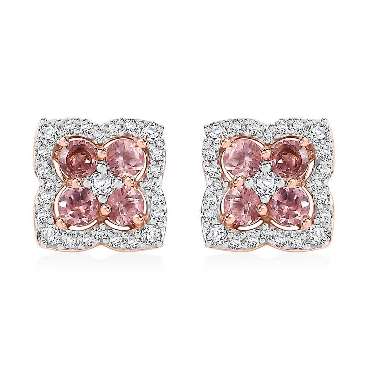 Tanzanian Blush Garnet and White Zircon 1.15 ctw Petal Sparkle Earrings in 18K Vermeil Rose Gold Over Sterling Silver