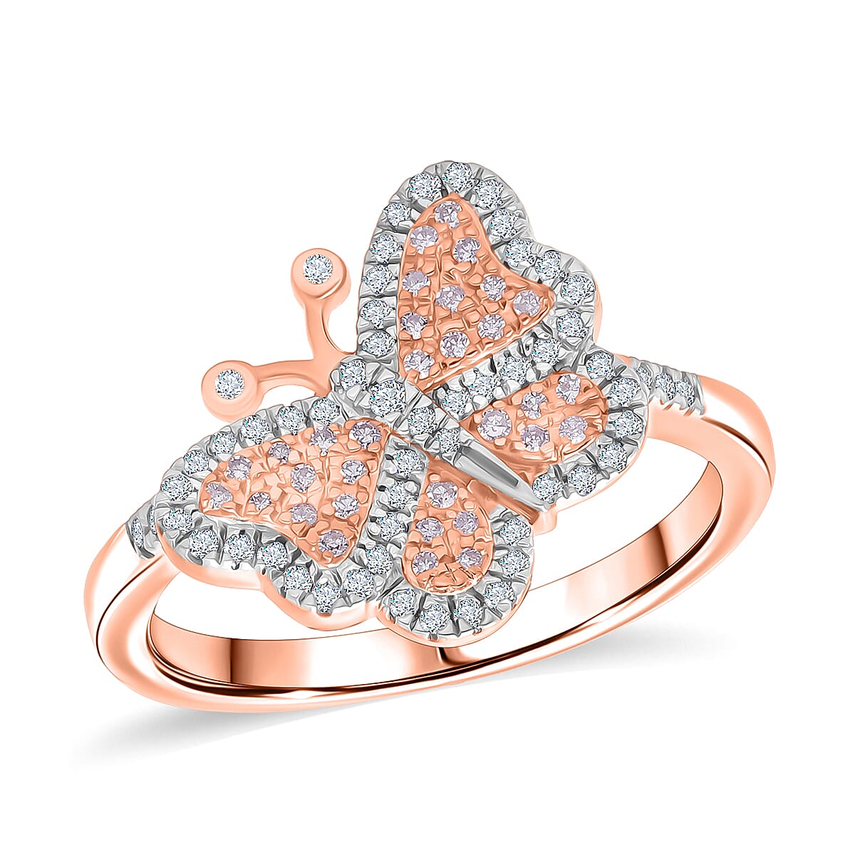Doorbuster Natural Pink and White Diamond Butterfly Ring in Vermeil RG Over Sterling Silver (Size 8.0) 0.35 ctw