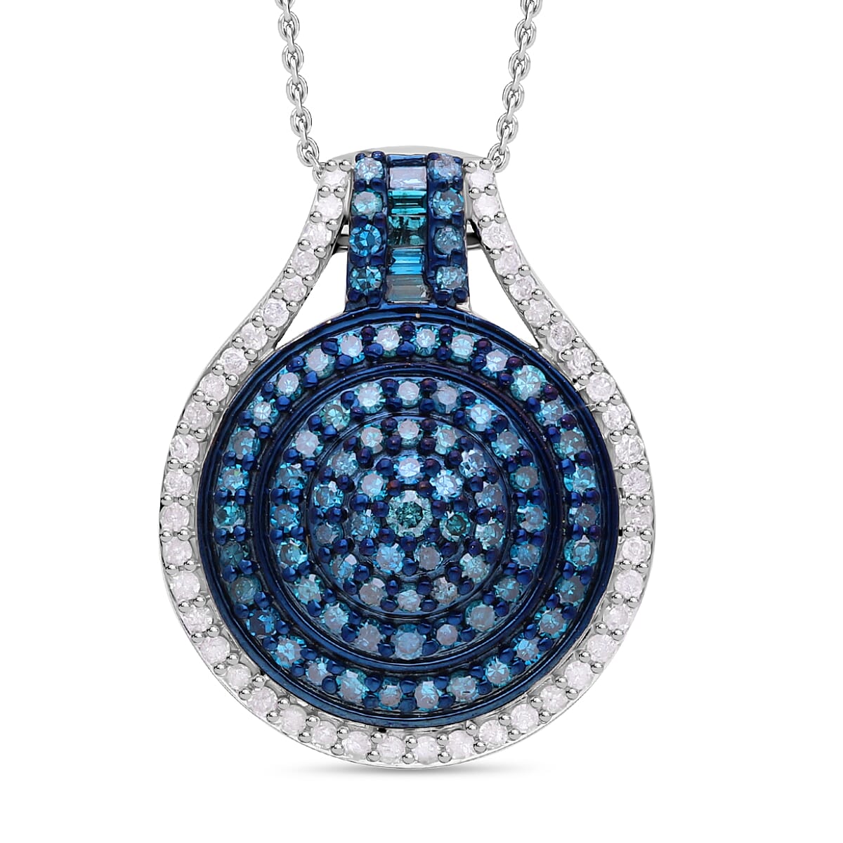 Doorbuster Blue Diamond (IR), White Diamond Pendant in Platinum Over Sterling Silver 1.00 ctw