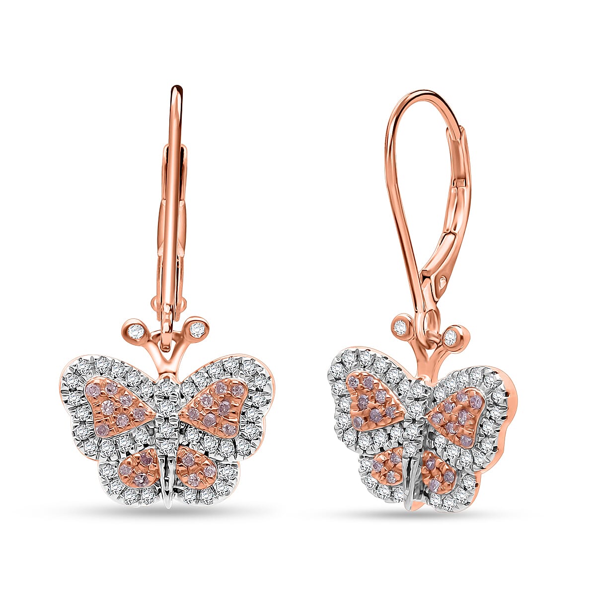 Natural Pink and White Diamond Butterfly Earrings in Vermeil RG Over Sterling Silver 0.50 ctw