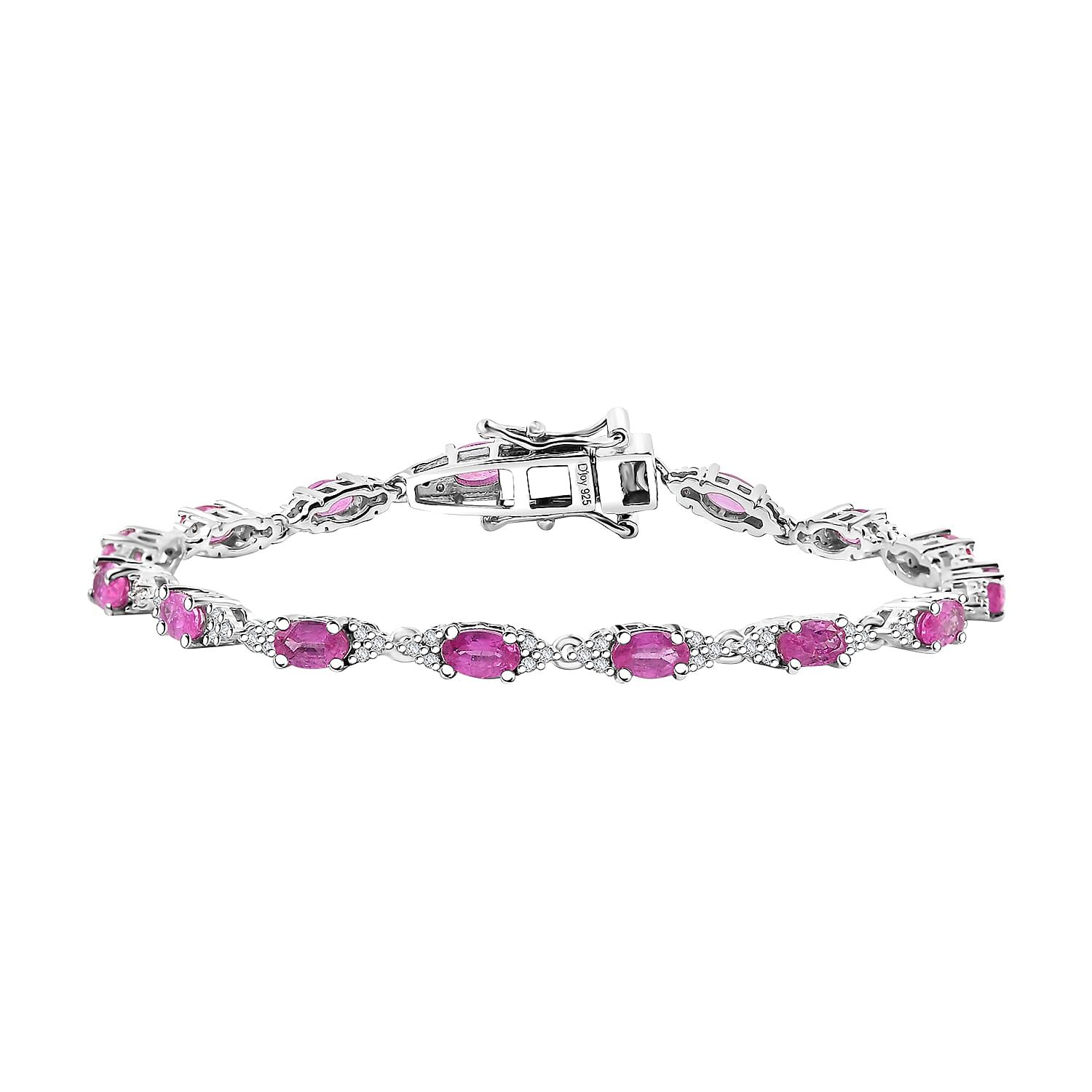 Premium Mozambique Pink Sapphire and Moissanite 6.65 ctw Bracelet in Rhodium Over Sterling Silver (8.00 In)