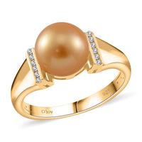 South Sea Golden Pearl 9-10mm, Diamond Men's Ring in 18K Vermeil YG Over Sterling Silver (Size 9.0)