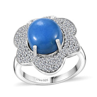 Ceruleite, White Zircon Flower Ring in Rhodium Over Sterling Silver (Size 10.0) (Del. in 10-12 Days) 5.40 ctw